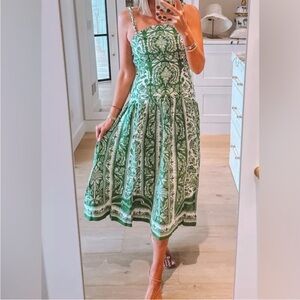 FARM Rio Green Delicate Tapestry Premium Linen Midi Dress